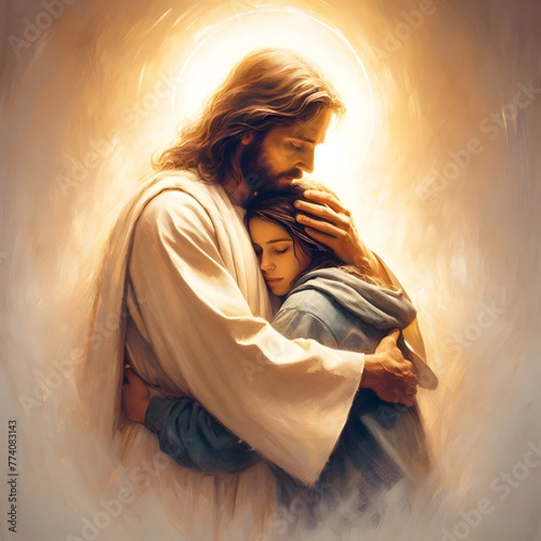 Fototapeta Jesus hugging young girl oil painting