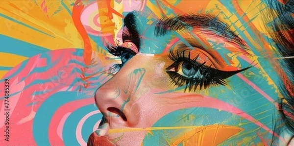 Fototapeta collage style illustration close up portrait of a beautiful model girl with pale eyes posing on camera, full of colors background and colorful make up