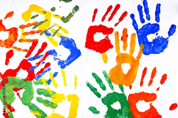 Fototapeta Hand prints of paint on white background