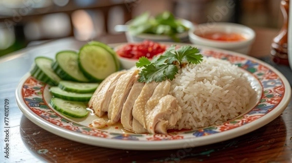 Fototapeta Classic Hainanese chicken rice served on a vibrant plate, accompanied by slices of fresh cucumber and a garnish of cilantro.