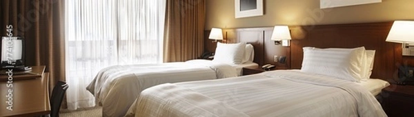 Fototapeta A comfortable hotel guest room with two queen beds, and modern amenities --ar 53:15 --v 6.0 - Image #4 @kashif320