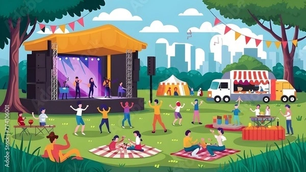 Fototapeta Music festival, open-air concert with outdoor stage, live performance, dancing people in nature, food trucks and tents. Summer public entertainment party, picnic in park. Flat vector illustration