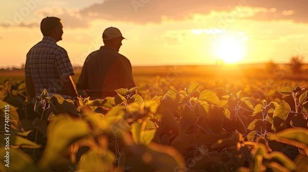 Fototapeta Farmers in a field at sunset with blurred faces