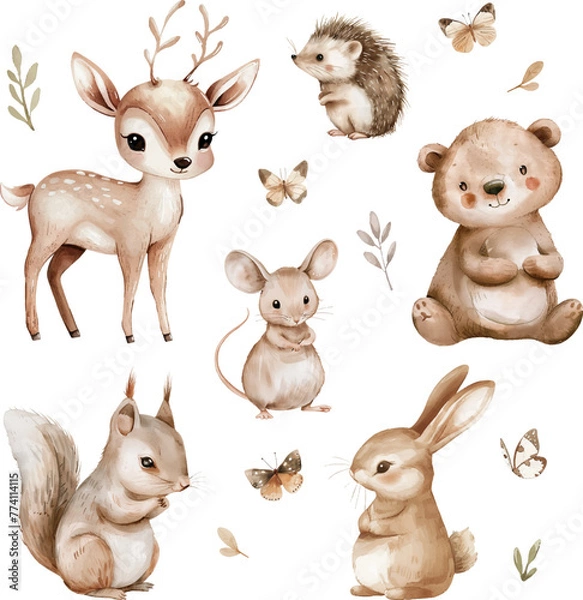 Fototapeta Set of forest animals: deer, hedgehog, bear, mouse, bunny, squirrel. Watercolor vector illustration