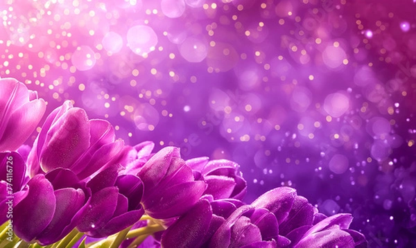 Fototapeta Fresh spring tulip flowers as a holiday postcard design blurred background. Space for text