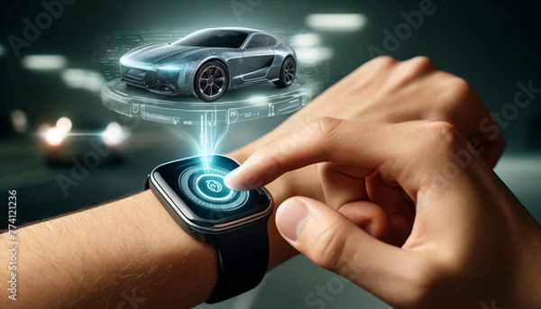 Obraz Finger Initiating Car Engine via Smartwatch Interface