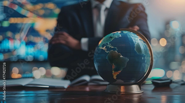 Obraz A businessman and a globe while analyzing investment opportunities, investment diversification strategies, portfolio management and asset allocation