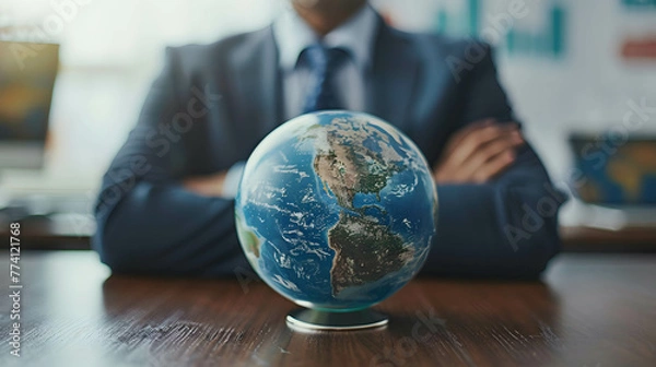 Obraz A businessman and a globe while analyzing investment opportunities, investment diversification strategies, portfolio management and asset allocation