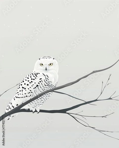 Obraz Snowy owl, minimalist cartoon, tranquil and wise, perched in a stark, white winter setting , Sports Photography