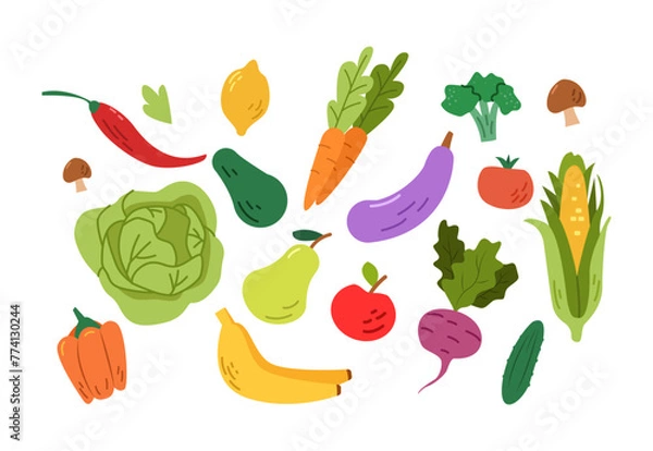 Obraz Fruits and Vegetables Set. Healthy Food. Hand Drawn Vector Illustration in Trendy Minimalist Style.