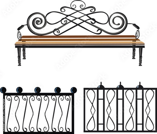Obraz set of vector illustrations of forged products - a park bench with a metal patterned back with spirals and curls and a segment of a street border or an iron fence, decor for city, gardenGB