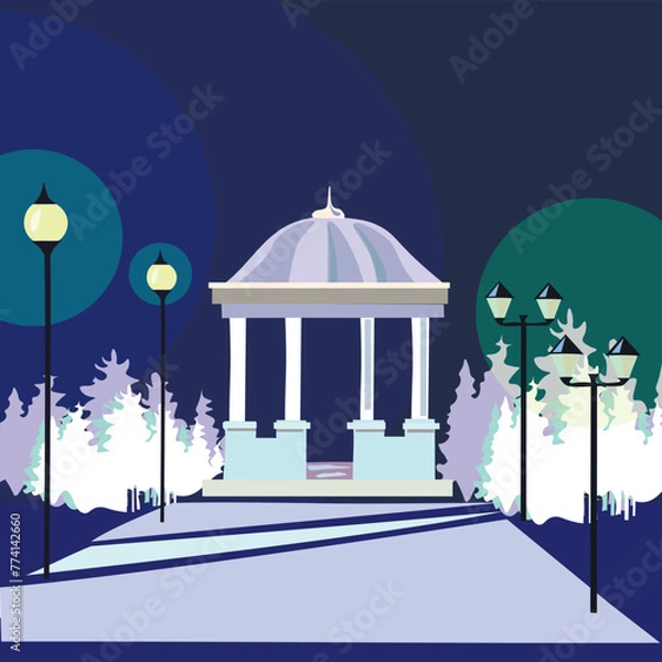 Obraz Vector background with cityscape, winter tones,with gazebo, street lamps,snow-covered trees, snowdrifts.Blue and white, architecture and urban decor.The basis for the design of postcards, signs,stamps