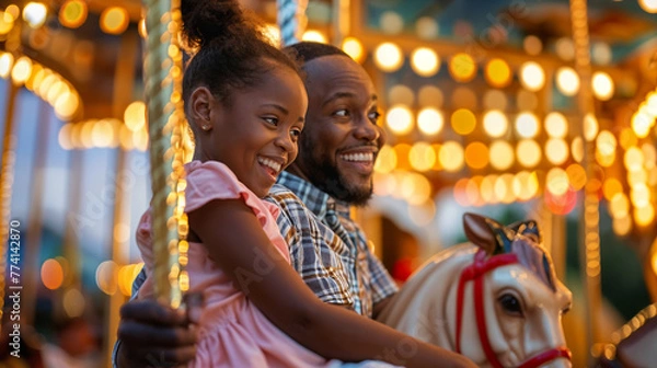 Fototapeta father and his daughter riding carousel horse at an amusement park, generative ai