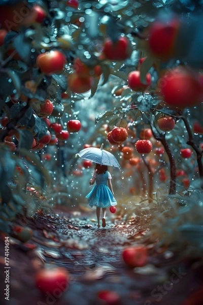 Obraz Diorama of Snow White and the seven dwarfs playing in an apple orchard during rain.