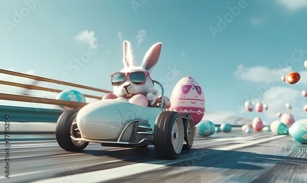 Obraz Easter bunny with sunglasses driving on the speedway in an easter egg car.