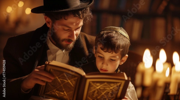 Fototapeta Jewish Father and Son Studying Holy Scriptures by Candlelight