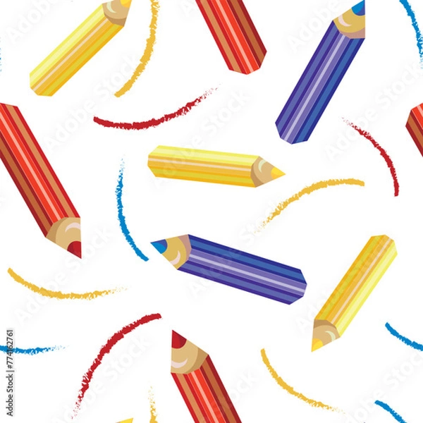 Obraz Vector pattern of colored pencils, dashes, sticks, strokes. Seamless texture, yellow, red, blue colors. For printing on fabric, paper, covers of diaries and notepads, wallpaper for walls.