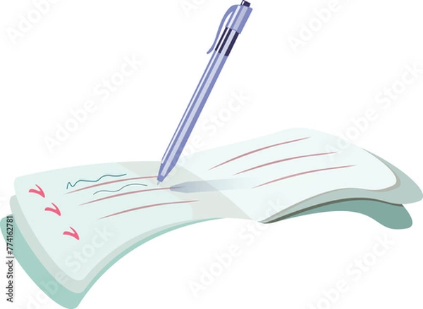 Obraz open notebook with notes and a ballpoint pen ready for writing. Vector illustration, hand drawn. Office or school decorations, goods for business, for the design of important events, presentations.