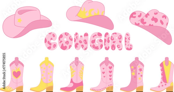 Obraz Set of vector country elements in pink color, cowboy hats, Cossack boots, stylized inscription cowgirl. Simple flat cartoon style. Completely pink with yellow.