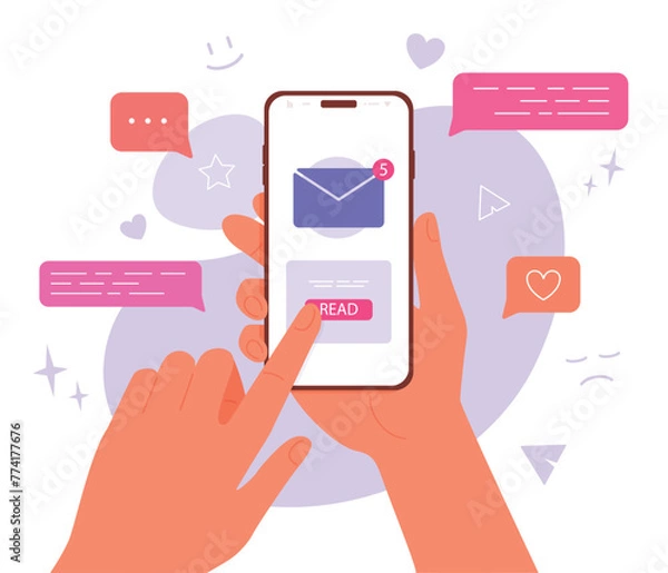 Fototapeta Illustration of a hand holding a smartphone with colorful chat icons and unread messages in a flat style