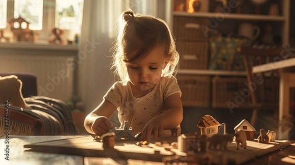 Fototapeta Little child playing with small animal toys On the table in the living room There was a blank rectangular wooden board in front of her. There are miniature houses and animals.