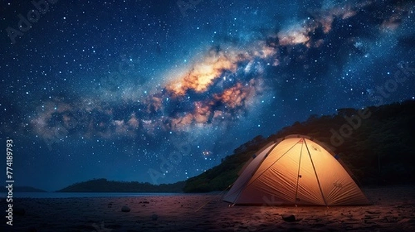 Fototapeta Modern tent camping under the starry sky with the Milky Way. Realistic.