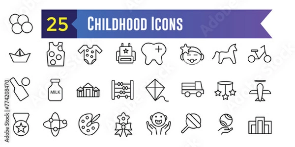 Obraz Childhood activity icons set outline vector. Kids development icon for ui design isolated. Outline icon collection. Editable stroke.