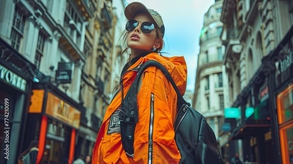 Fototapeta Caught in a candid moment on a bustling city street, a model's expressive streetwear ensemble tells a story of youth culture and urban dynamism