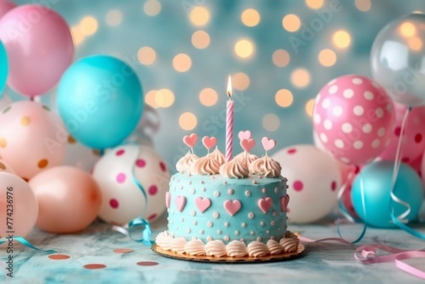 Fototapeta Bright-eyed confectionery delight, crowned with candle and heart-shaped toppers, nestles among buoyant balloons under a shimmering light cascade. Cheerful baked masterpiece, its surface adorned