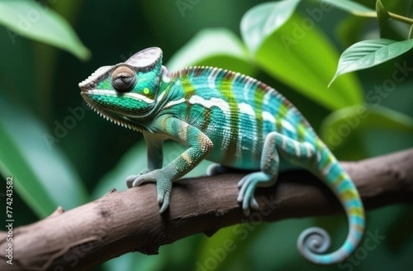 Fototapeta A chameleon sits on a branch surrounded by leaves. Chameleon in the wild. Close-up