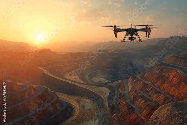 Fototapeta Engineer and team survey using remote control drone and discussion at copper mine, copper mine worker open pit mine surveying, behind worker, morning light.