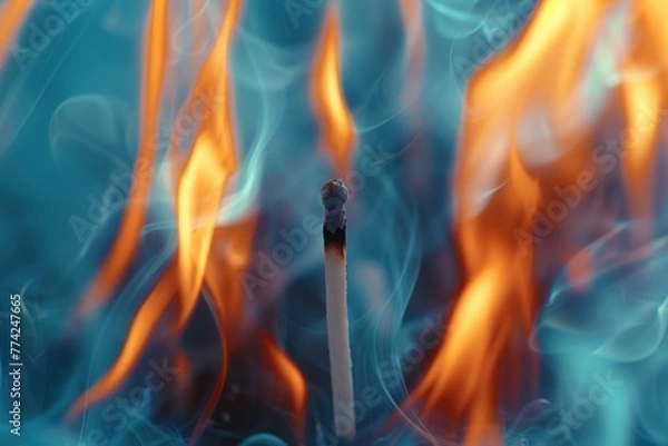 Fototapeta A striking macro shot capturing a single match with a glowing ember at its tip, surrounded by the fluid dance of orange and blue flames.