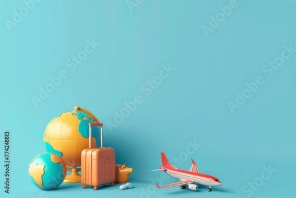 Fototapeta travel holiday conceptual 3D rendering. light image with 3D rendering of an airplane and suitcase and globe.