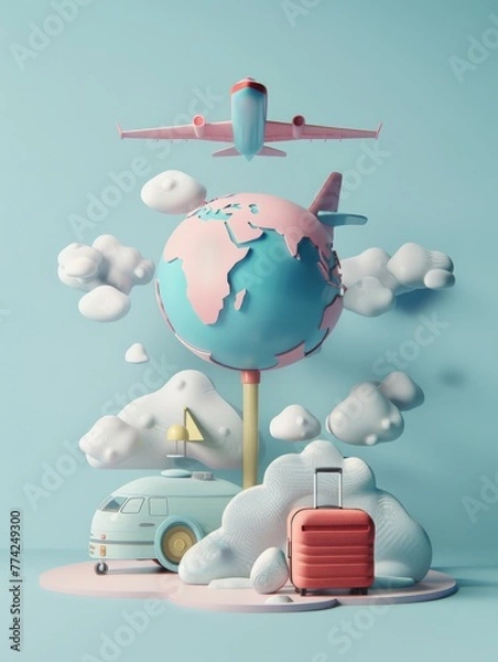 Obraz travel holiday conceptual 3D rendering. light image with 3D rendering of an airplane and suitcase and globe.