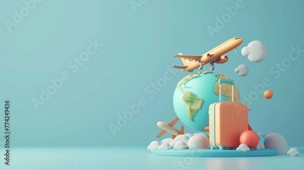 Fototapeta travel holiday conceptual 3D rendering. light image with 3D rendering of an airplane and suitcase and globe.