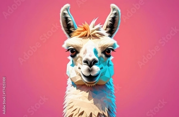 Fototapeta Illustration. Portrait of a llama on a pink background. Print on clothes