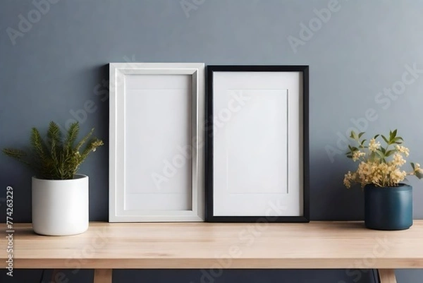 Fototapeta illustration of a photo frame mockup with copyspace on the wall