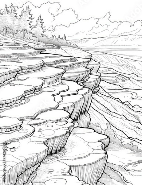 Fototapeta Natural travertine terraces formed by mineral-rich thermal waters cascading down the mountainside for coloring book with crisp black line and white background, illustration made with Generative Ai