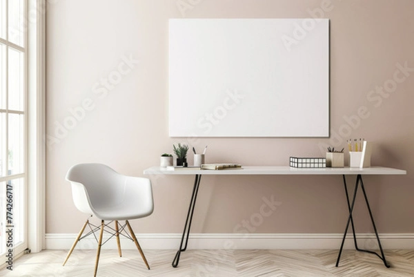 Fototapeta Bright loft studio with expansive white canvas and eclectic furnishings