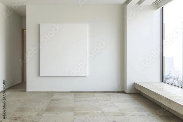 Fototapeta Minimalist lobby with white canvas and concrete bench