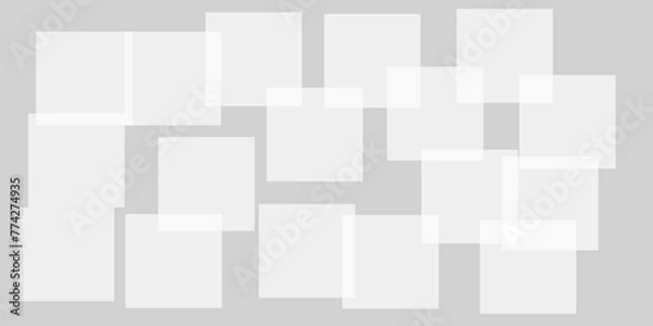Fototapeta Abstract background with white and gray transparent material in squares shapes with geometric style. Space design concept. Decorative web layout or poster, banner.