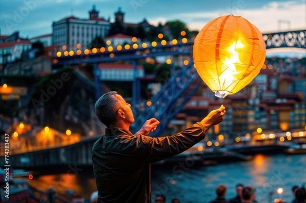 Fototapeta Vibrant Porto Nights: Portuense Joins São João Festivities, Launching Balloons in the City with D. Luis bridge at background