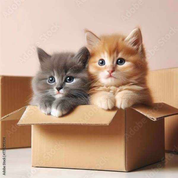 Fototapeta Two cute kittens sitting in a cardboard box.