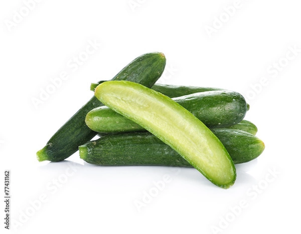 Obraz fresh green baby cucumbers on white background