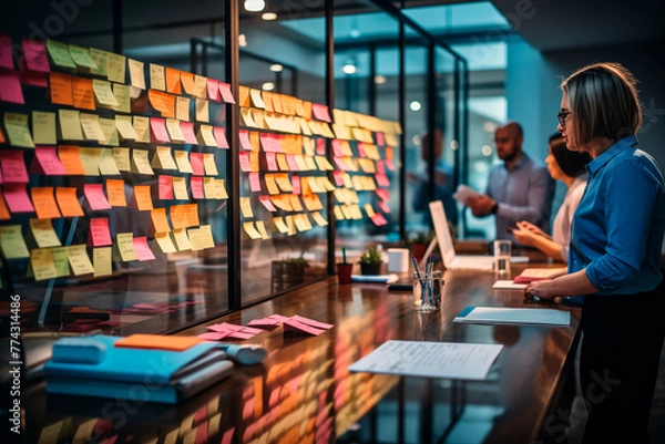 Fototapeta Business people brainstorming with sticky notes in the office at work. Generative Ai.