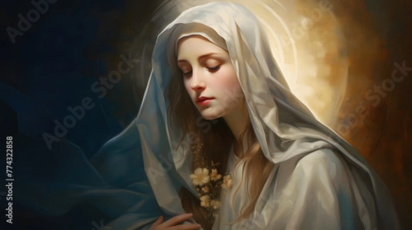 Fototapeta A digitally painted image of Virgin Mary with a halo and a serene expression, depicted with a blue robe and white veil