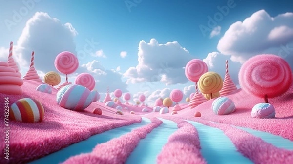Obraz Lollylops słodkie tło lansdcape. Scena Candyland do projektowania gier lub prezentacji. Renderowanie 3D. Wakacje, urodziny, chrzciny, koncepcja.