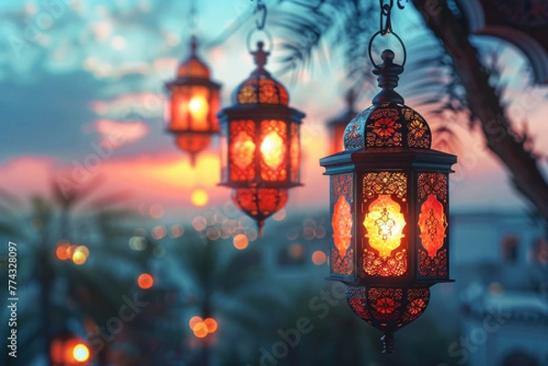 Fototapeta Postcard of an evening landscape for the Festival of Breaking the Fast in Islam. End of Eid al-Fitr. End of Ramadan.