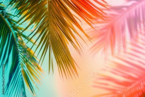 Fototapeta Colorful palm leaves on pastel background with gradient effect Abstract summer concept Generative AI