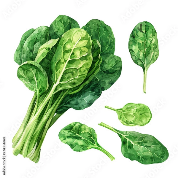 Obraz A set of watercolor illustrations of spinach on a transparent background. Branches, bunches, and leaves of spinach in watercolor technique. Fresh green leaves.